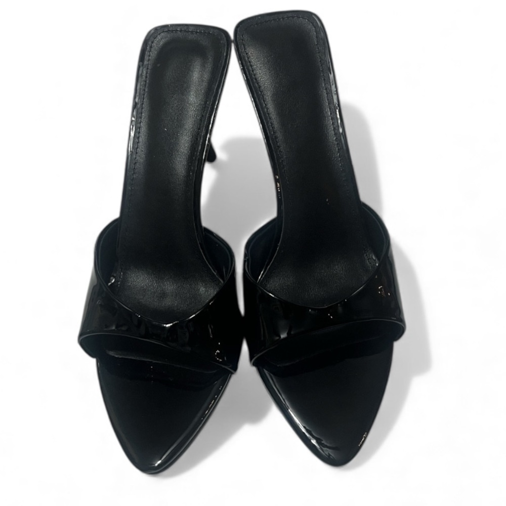 Elegant Black Women's Heels Mules Sz 10 Patent Leather Slip Ons